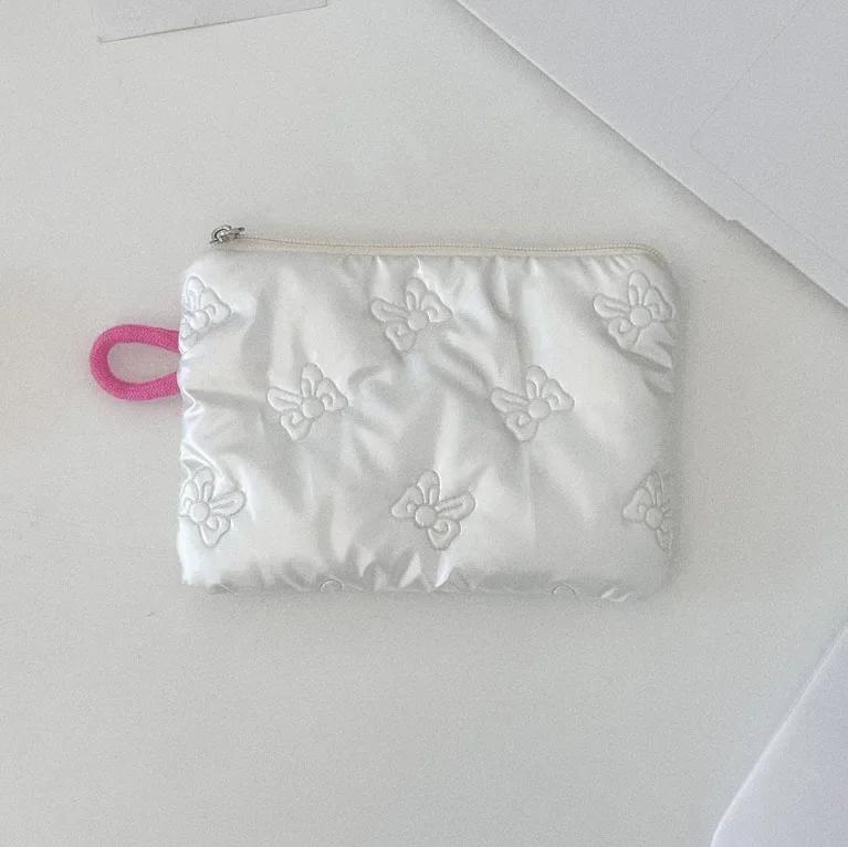 Korean Quilted PU Love Bow Cosmetic Bag Skincare Products Pouch Inner Pocket Multi-function Makeup Lipstick Storage Bag Handbag