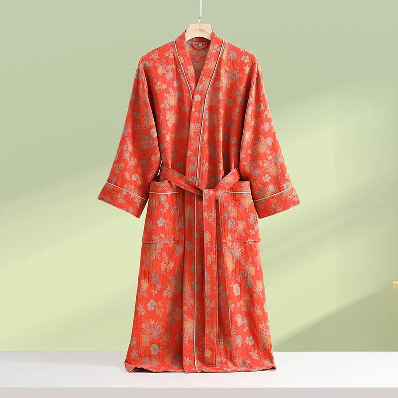 Print Flower Cotton Gauze Kimono Bathrobe Gown Female Robe Negligee Loose Home Dressing Gown Sleepwear Spring Summer Nightwear
