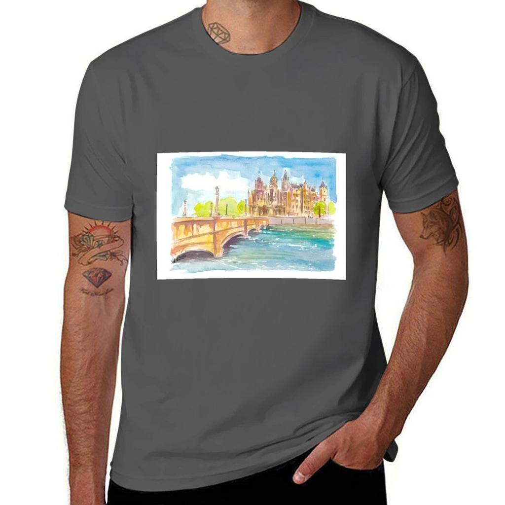 Schwerin Gerunisexy Castle View Watercolor Scene In The Afternoon Light Tshirt Sports Casual Short Sleeve Cotton Tee