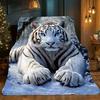 White tiger in the snow pattern flannel blanket, suitable for sofa, bed, office, travel, camping, Christmas gift, decoration