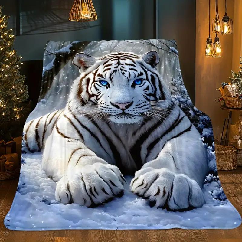 White tiger in the snow pattern flannel blanket, suitable for sofa, bed, office, travel, camping, Christmas gift, decoration