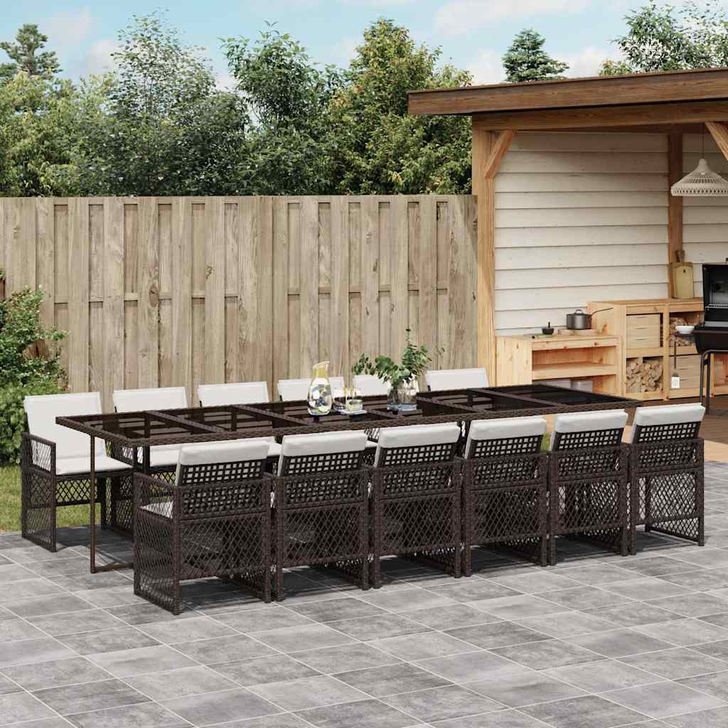 13 Piece Outdoor Dining Set with Cushions Brown Poly Rattan
