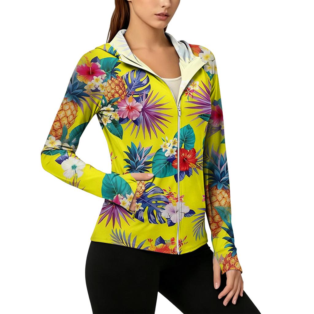 Women’s Zip Up Hooded Sun Jacket with Pockets Long Sleeve Lightweight Outerwear Tropical Print Design