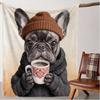 1pc Vintage French Bulldog with Coffee Print Flannel Throw Blanket - Cozy Soft Polyester Knitted Blanket for Sofa,Nap Blanket
