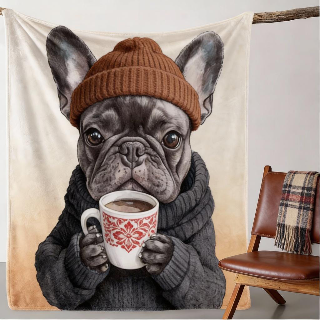 1pc Vintage French Bulldog with Coffee Print Flannel Throw Blanket - Cozy Soft Polyester Knitted Blanket for Sofa,Nap Blanket