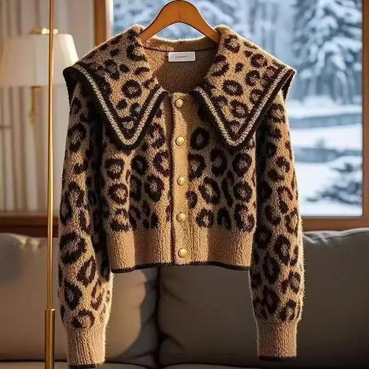 

Женский осенний винтажный леопардовый жаккардовый вязаный кардиган, одежда, свободный, матросский воротник, толстые теплые свитера XS