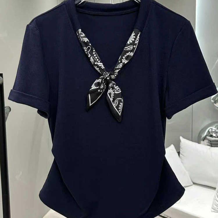 Plus Size Korean Silk Scarf Patchwork Slimming T-shirt for Women - 2025 Summer Fashion Short Sleeve Top