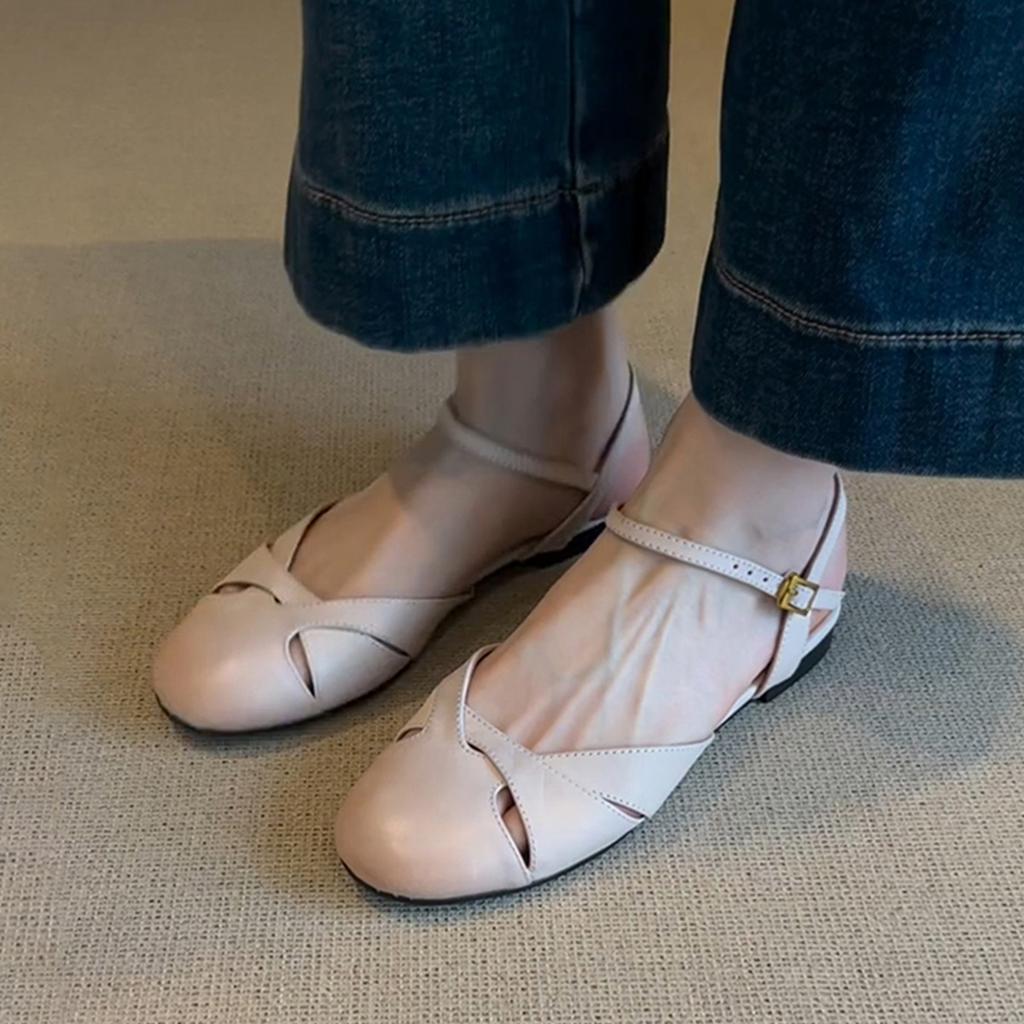 Schafsleder-Version~ Retro literarische Sommerbekleidung Ledersandalen Damen niedrig Absatz ausgehöhlt vielseitig Temperament lässige Römerschuhe