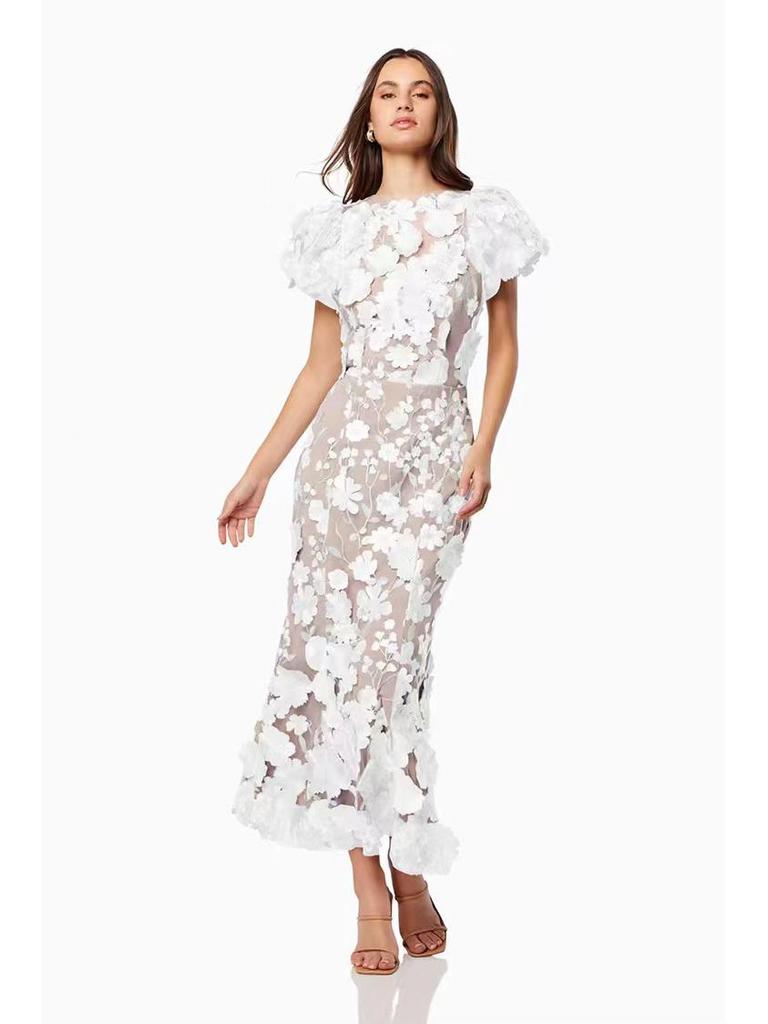 2025 Frühling Leichter Luxus Puffärmel Kleid mit floraler Stickerei