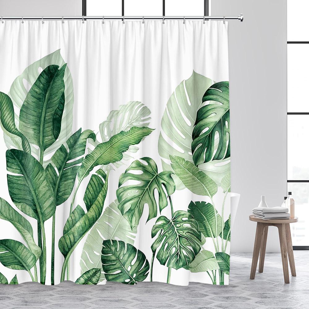 Tropical Plant Leaves Shower Curtain Hummingbird Palm Leaf Monstera Butterfly Watercolour Art Fabric Home Decor Bathroom Curtain