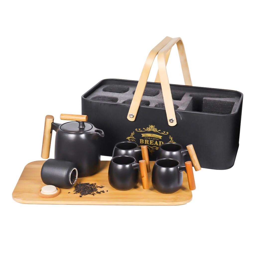 SOTECH Tea Set Gift Outdoor Stylish Portable Travel Tea Utensil Wooden Metal Box Black Porcelain Tea Cup Cute Tea Storage Tea Chinese Tea Travel