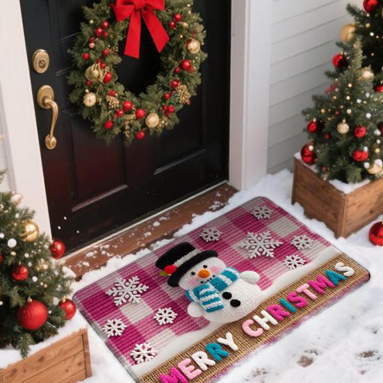 Christmas Floor Mat 3D Effect Pattern Doormat Santa Welcome Mat Non-Slip Xmas Tree Snowman Floor Rug for Entryway Porch