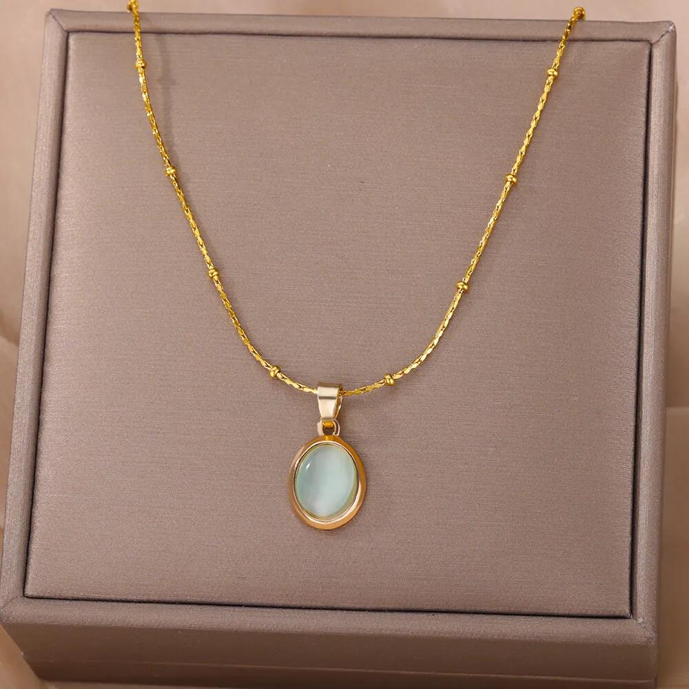 Cute Sweet Gold Color Stainless Steel Water Drop Opal Stone Pendant Necklace for Women Charm Bride Collar Jewelry Colorfast