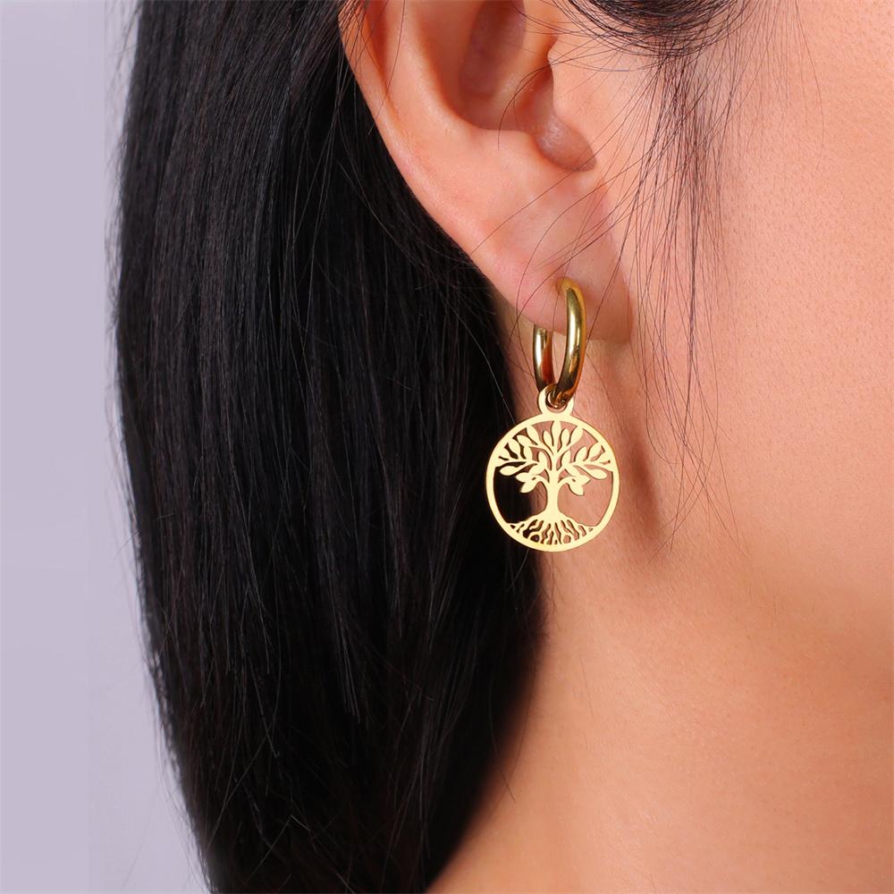 Vintage Life of Tree Pendants Hoop Earrings For Women Female Stainless Steel Earrings Trend Golden Charm Jewelry Pendientes