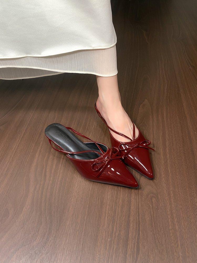 2025 spring new French bow pointed kitten heel high heels bag head cool slippers low heel empty single shoes