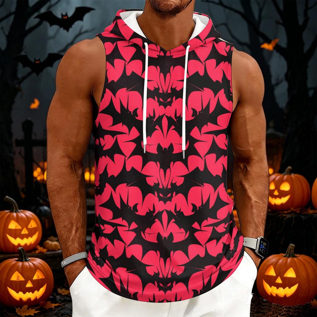 Men's Halloween Costume Hooded Vest, Sleeveless Drawstring Print Pullover for Party and Daily Wear