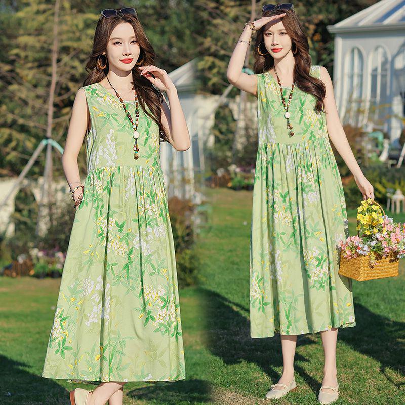Elegant Plus Size Floral Cotton-Silk Sleeveless Summer Dress