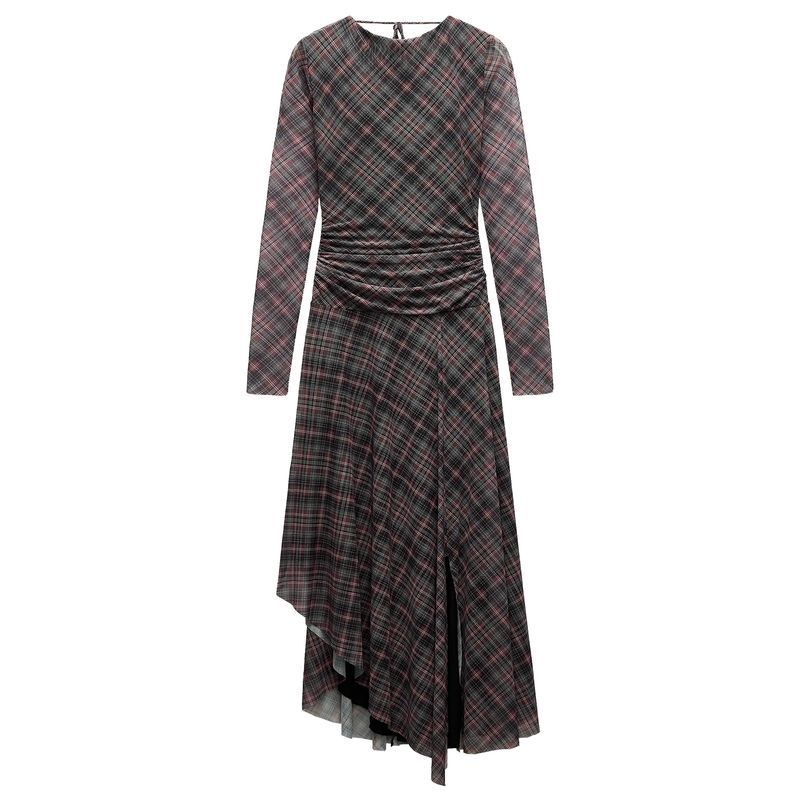 

Zaprha 2025 New Arrival Sweet Elegant Gingham Ruched Silk Net Open Back round-Neck Long-Sleeved Dress 5039284 Dark purple Plaid L