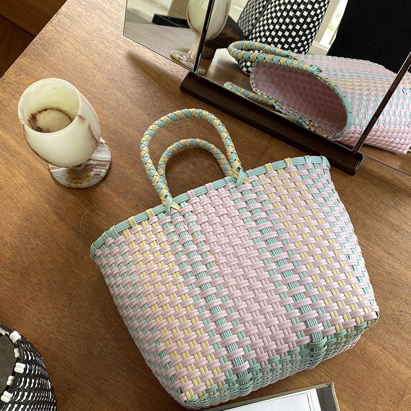 Weaving Hand Basket Colorful Handbag Handle Woven Shopper Bag Patchwork Striped Tote Purses Picnic Beach Bags