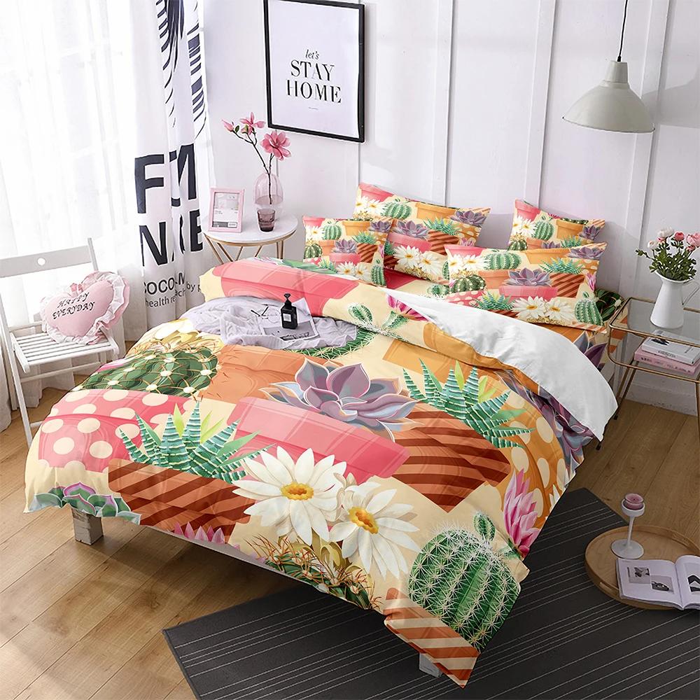 Cartoon Cactus King Queen Duvet Cover Succulent Plants Bedding Set For Adults Green Tropical Desert Plants Polyester Quilt Cover