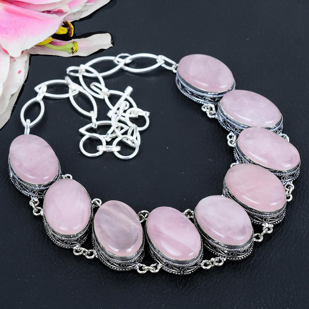 Rose Quartz Gemstone Handmade 925 Sterling Silver Jewelry Necklace 18" KG-1657