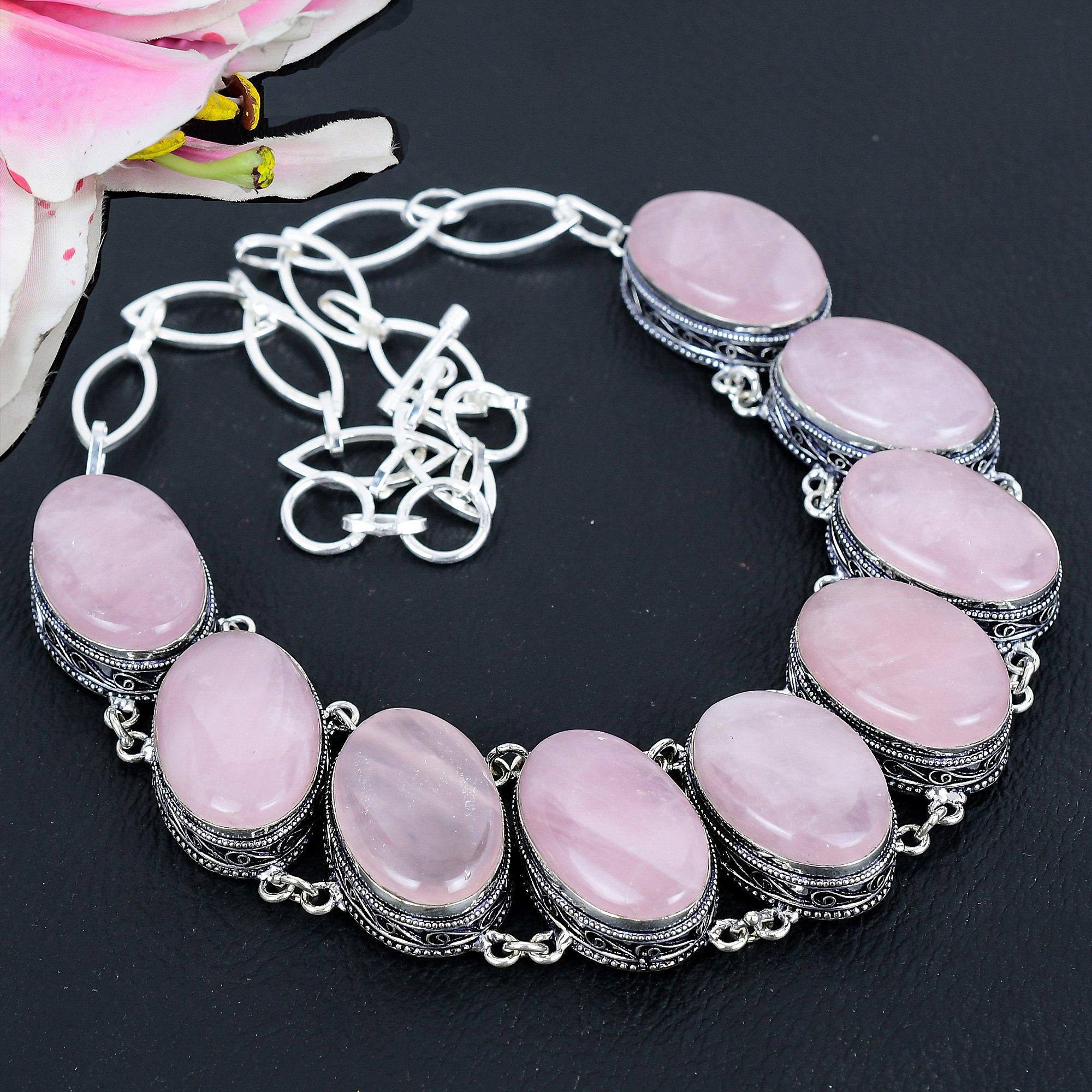 

Rose Quartz Gemstone Handmade 925 Sterling Silver Jewelry Necklace 18 KG-1657