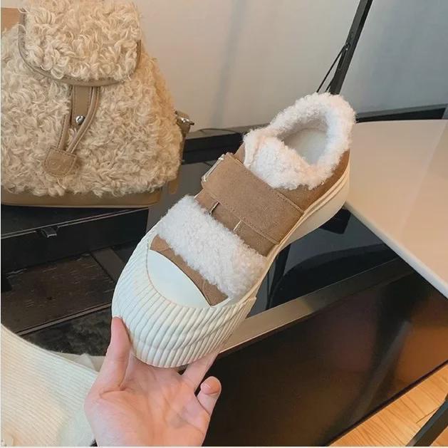 Women's Cowhide Grape Fur Velcro Thick Sole Velvet-Lined Warm Biscuit Shoes