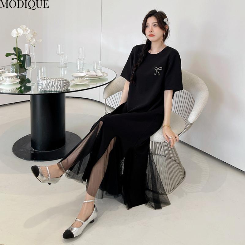 MODIQUE Summer Plus Size New Women Loose Elegant Solid Color Printing Mesh Hemline Long Dress Female Casual Short Sleeve O-Neck Dresses