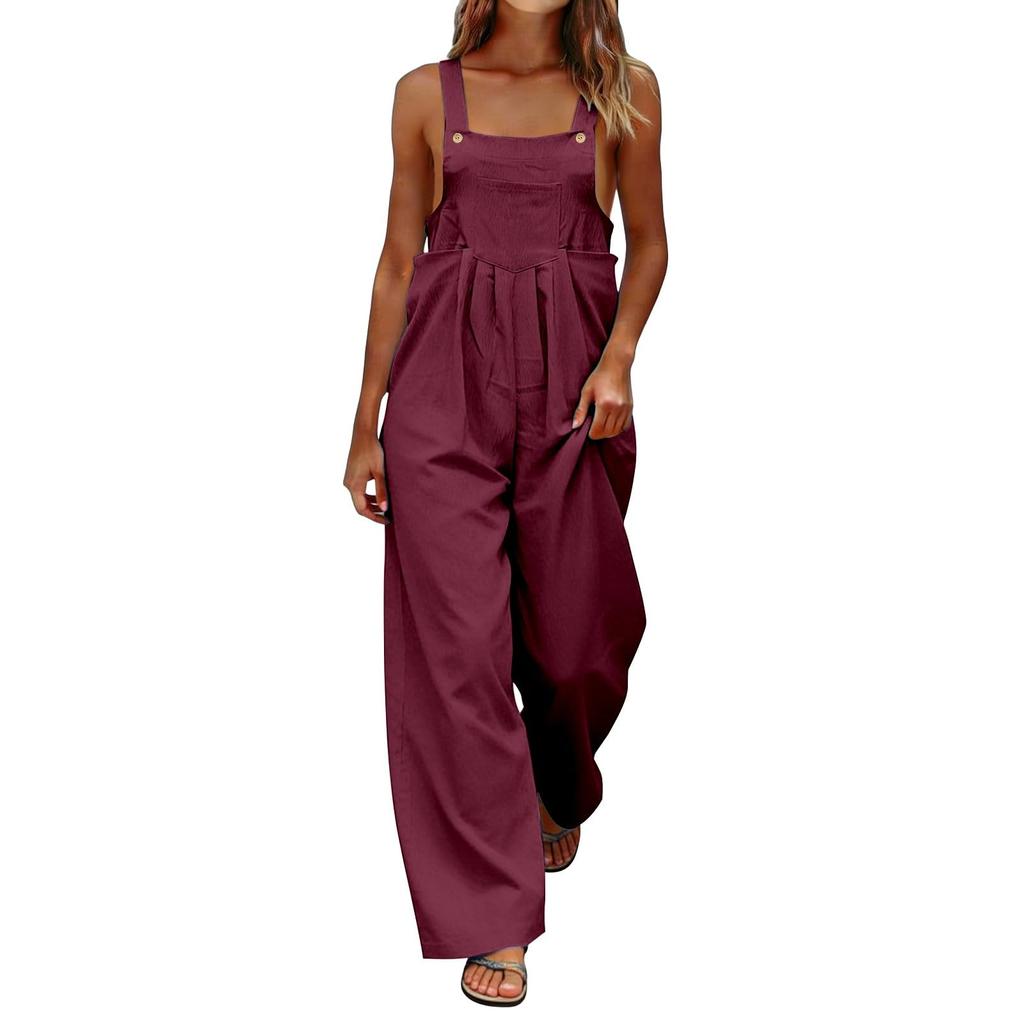 Women's Fashionable Color Sleeveless Casual Wide Leg Loose Jumpsuit With Pocket