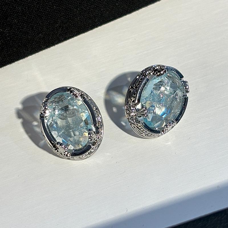 Silver Needle, Blue Crystal, Unique Design, Large Earrings for Women with High-end and High-end Feel, Niche Earrings and Earrings, New Style