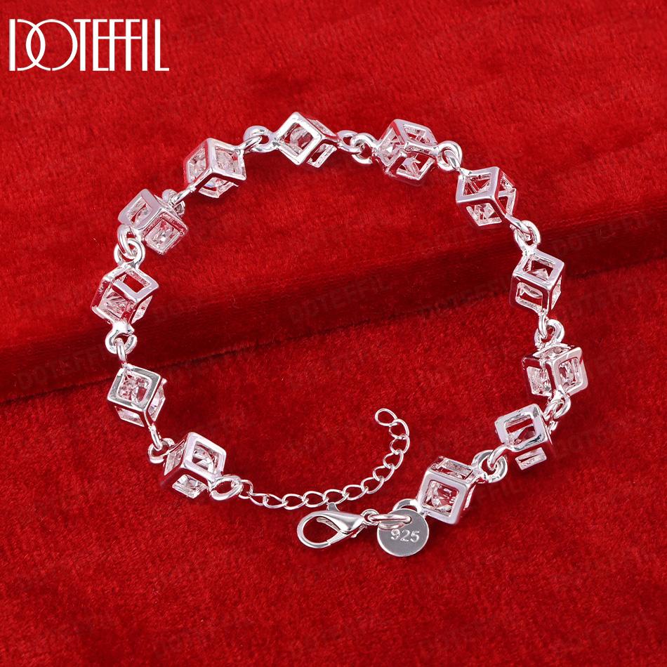 925 Sterling Silver AAA Zircon Square Bracelet Wedding Gift Jewelry