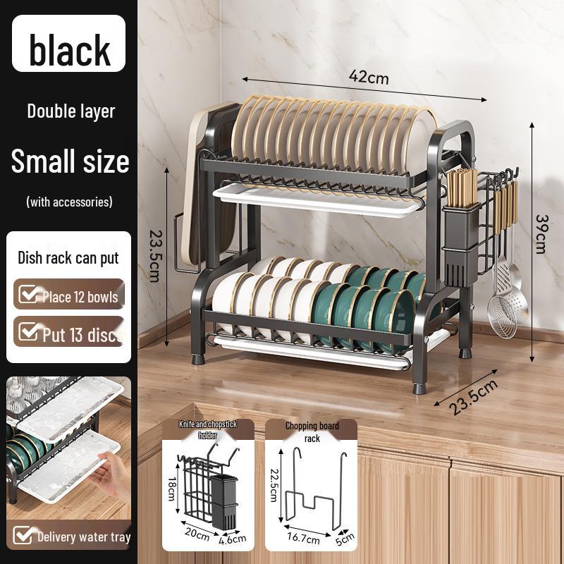 Égouttoir de cuisine multicouche pour bols, assiettes, couteaux et baguettes avec fonctionnalité d'égouttage sur le plan de travail