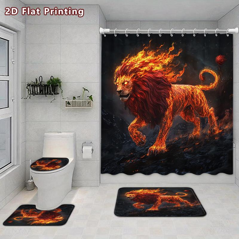 4Pcs Flame Lion Shower Curtain Set with Non-Slip Bath Mat, Toilet Lid Cover, Contour Rug & 12 Hooks, Bathroom Decor