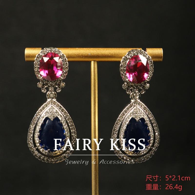 

European and American Retro Style Blue Abacus Double Glazed Beads with Diamonds, Water Drop Pendant Necklace