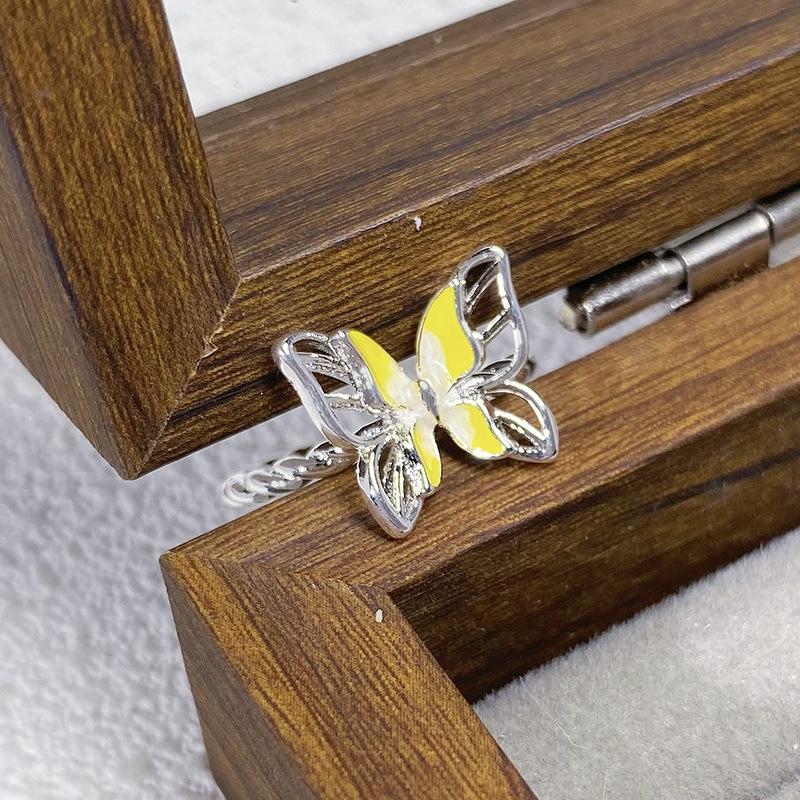 Small Fresh And Cool Enamel Dripping Oil Flower Butterfly Diamond Ring Niche Design Unique High-End Ring Woman