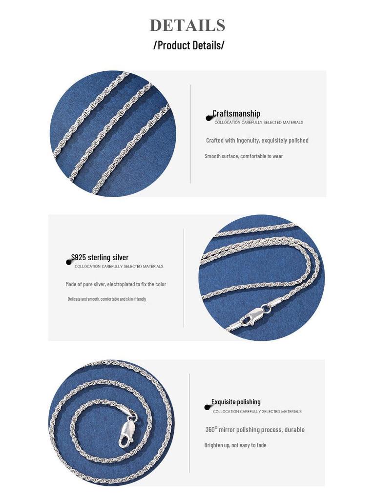 925 Sterling Silver Twisted Hemp Rope Necklace - Unisex Retro Braided Clavicle Chain