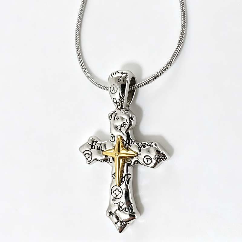 Vintage Graffiti Cross Necklace with Gold-Plated Rays - Unique Subculture Accessory
