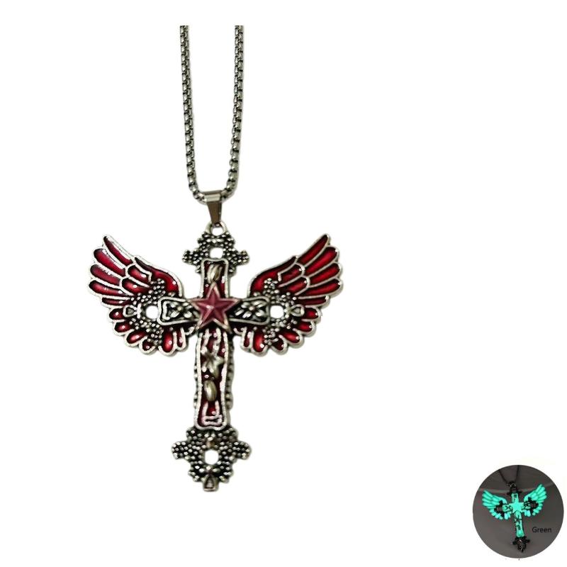 Glow-In-The-Dark Angel Wing Cross Necklace Gothic Luminous Pendant Necklace Jewelry Gift A1