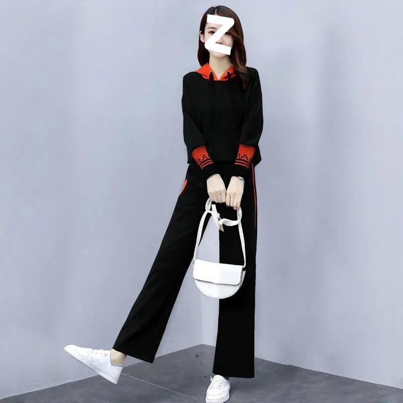 Fashionable Sports Suit for Women in Spring and Autumn, Casual, Age-reducing, Hooded Sweatshirt, Wide-leg Pants, Two-piece Set
