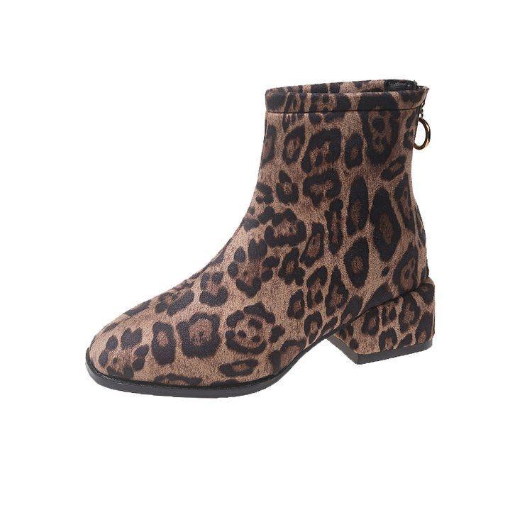 

Ботильоны до щиколотки на среднем каблуке с леопардовым принтом и квадратным носком - Женская модная обувь на массивном каблуке, стройнящая, 2025 Size 35 кофейный