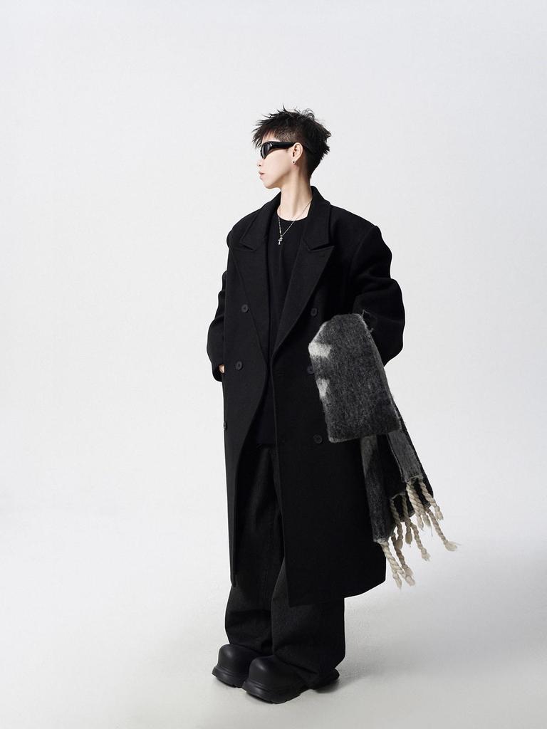 Men's Black Wool Trench Coat - Korean Style, Mid-Length, Over-the-Knee for 2025 Spring/Autumn