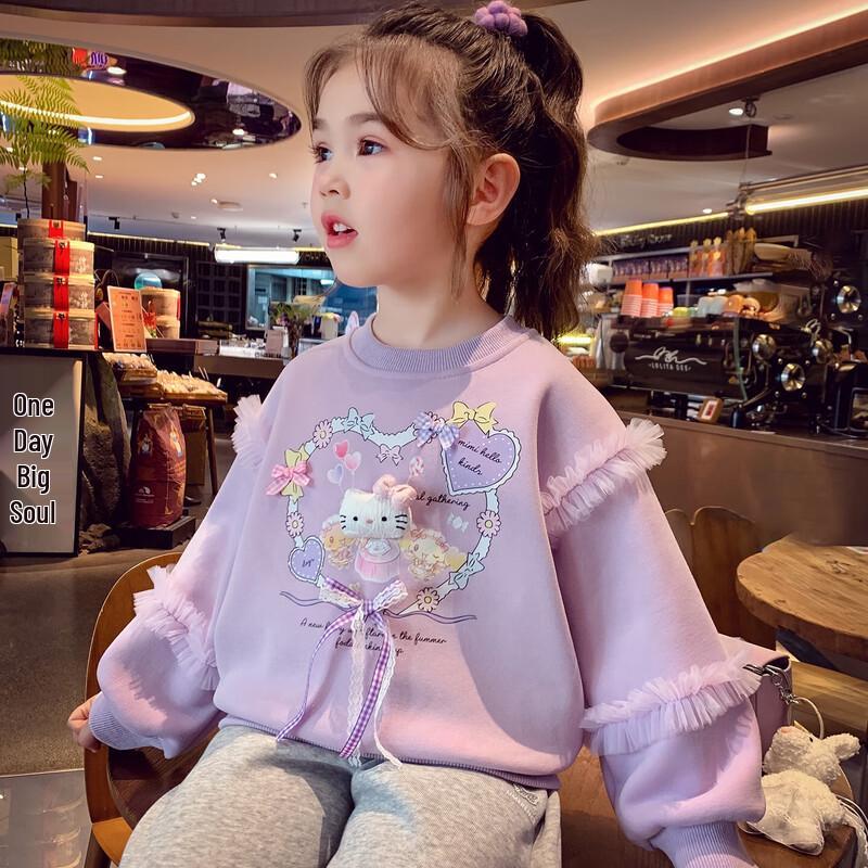Mimiha Lu Girls' Fleece-Lined Cartoon Print Round Neck Sweatshirt