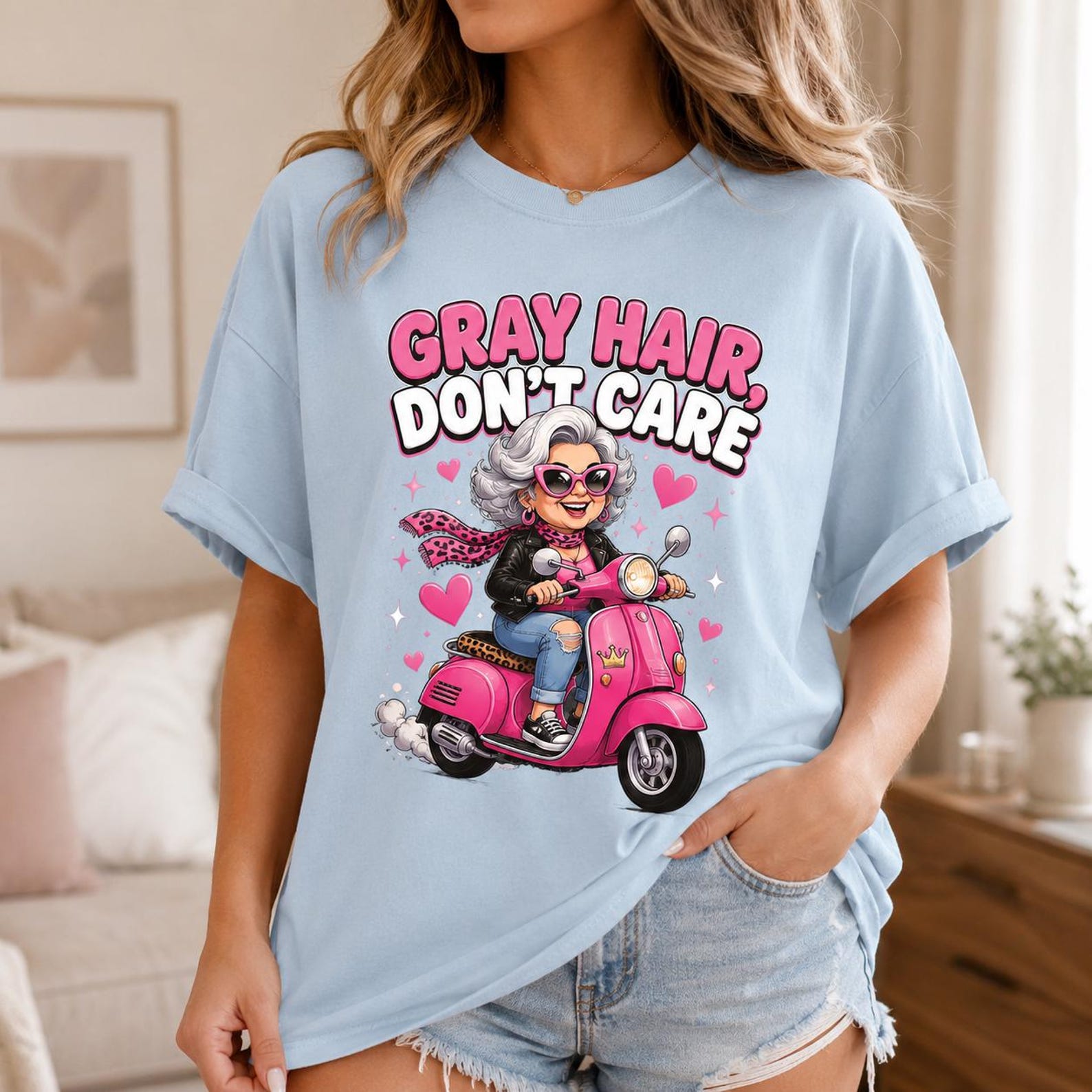 Gray Hair Don t Care Grandma Scooter Tee, Pink Graphic Shirt, Comfort Colors Black T-Shirt 2XL
