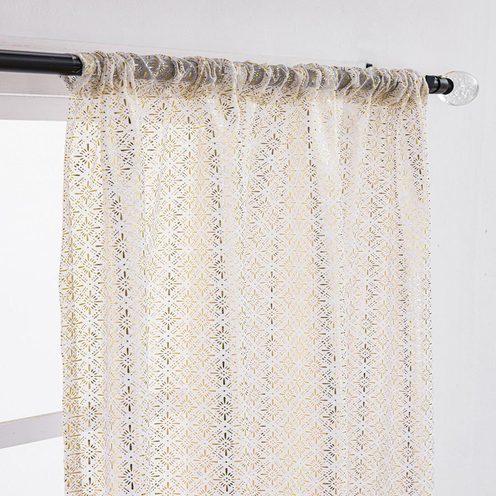 Living Room Sheer Curtain – European Embossed Pattern, Gold Foil, Semi-Blackout, Rod Pocket Window Drape, 1 Panel
