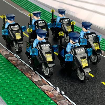 6pcs  Sharp Edge Black Police Motorcycle Model Building Block Toy for Children