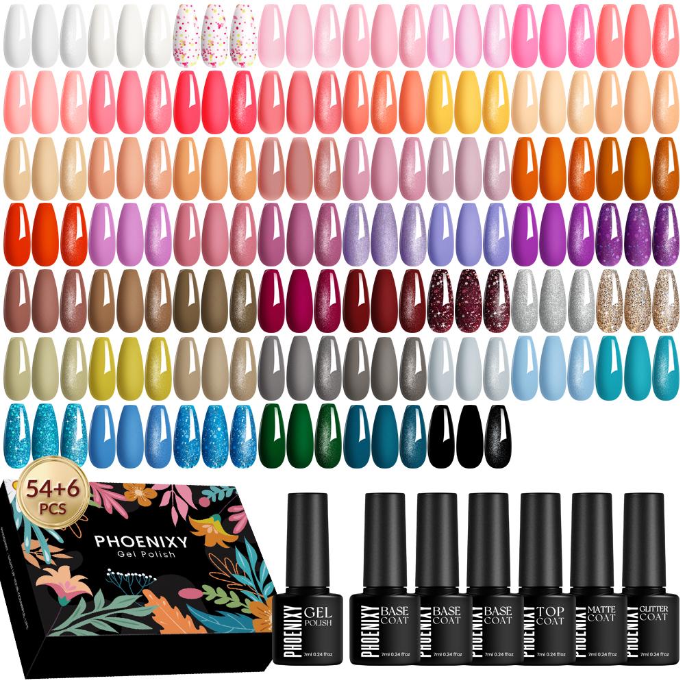 PHOENIXY 60 PCS Gel Nail Polish Set with Base and Glossy Glitter Matte Top Coat Soak Off Gel Nail Set Suitable for All Seasons Gel Polish Gifts