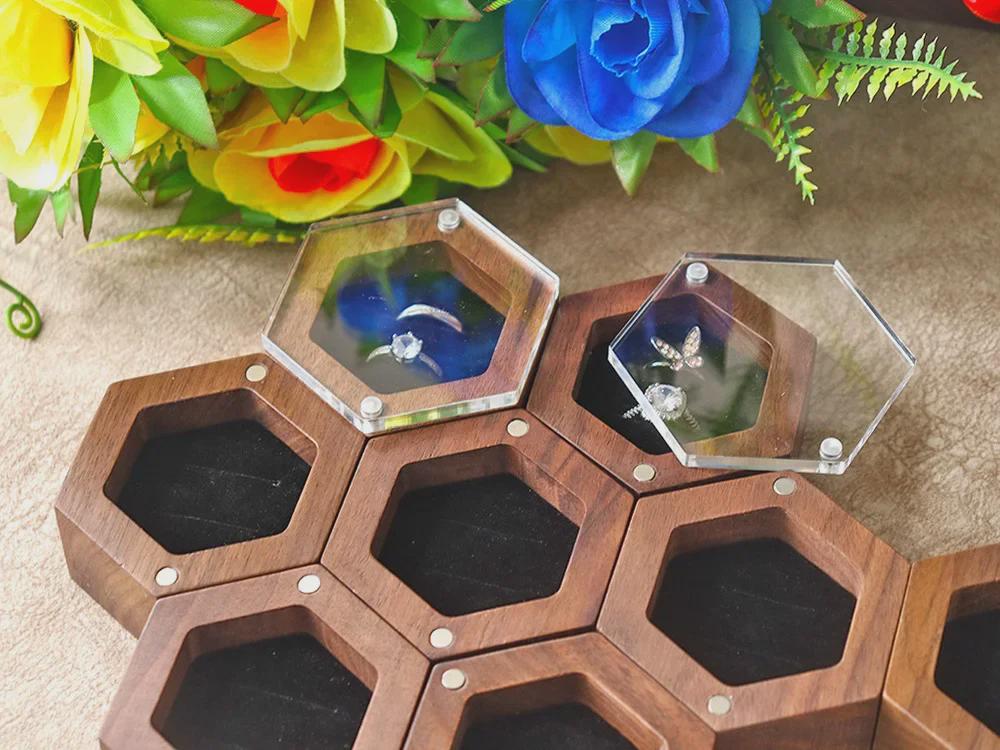 Magnetic Black Walnut Acrylic Ring Box for Engagement or Gift