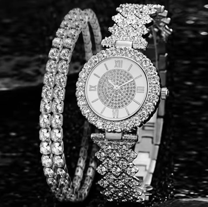 New Korean Version Of Women'S Watch Women'S Alloy Full Diamond Quartz Bracelet Set