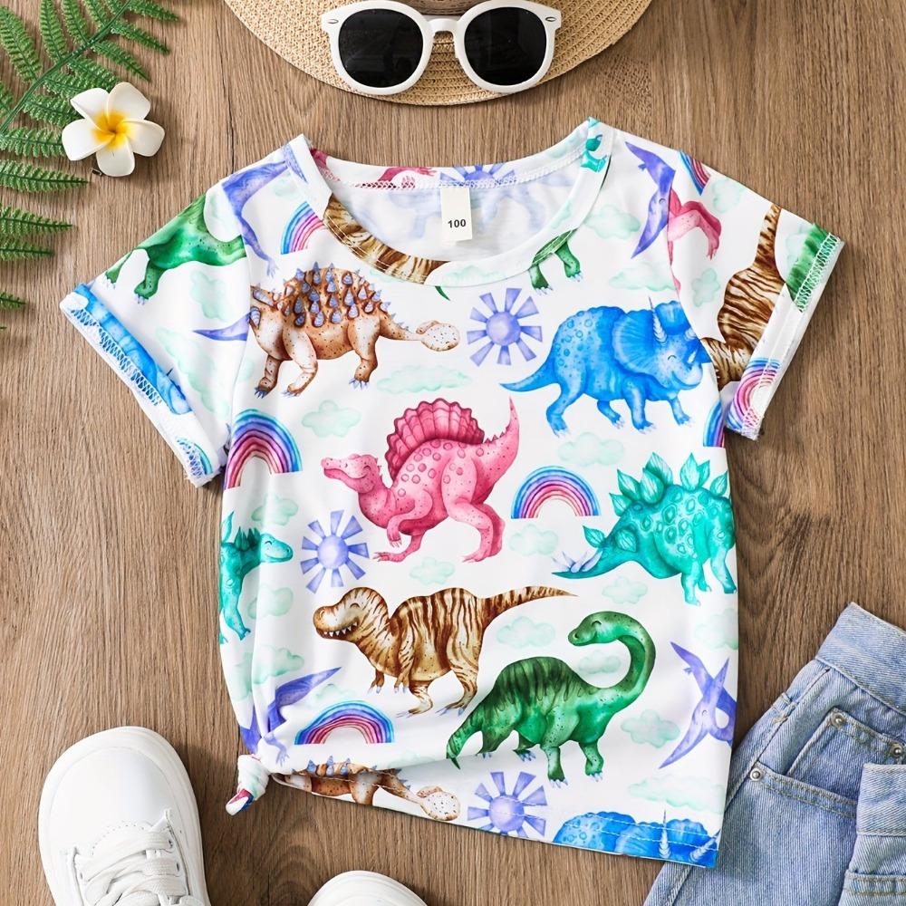 Children's Clothing Cute Dinosaur Print Pattern T-shirt Short Sleeved Girls' Clothing Round Neck Girls' Summer Clothing