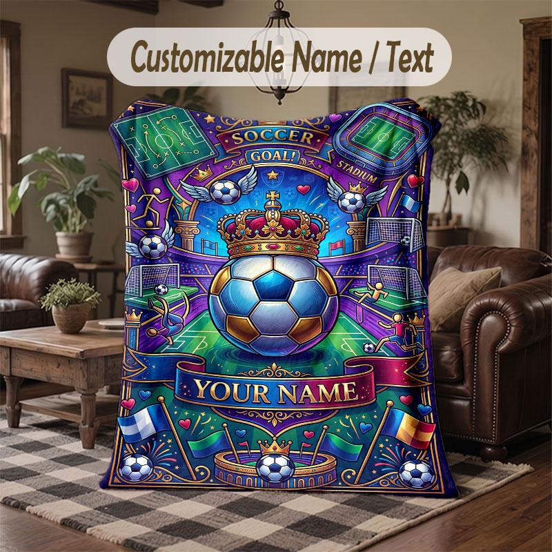 Soccer Theme Throw Blanket Custom Name Text Personalized Blanket Soft Cozy Blanket for Home Sofa Bed